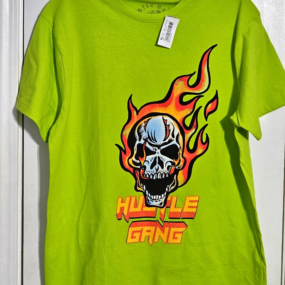 HUSTLE GANG Flaming Skull Warrior Vengeance Neon Green Short Sleeves Tee XL NWT